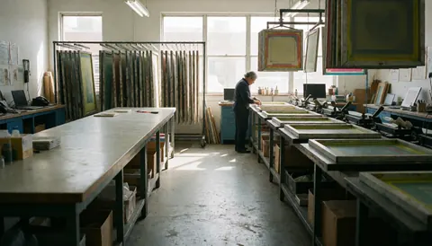 Worker operating screen printing machinery in a workshop with hanging fabric screens and natural light