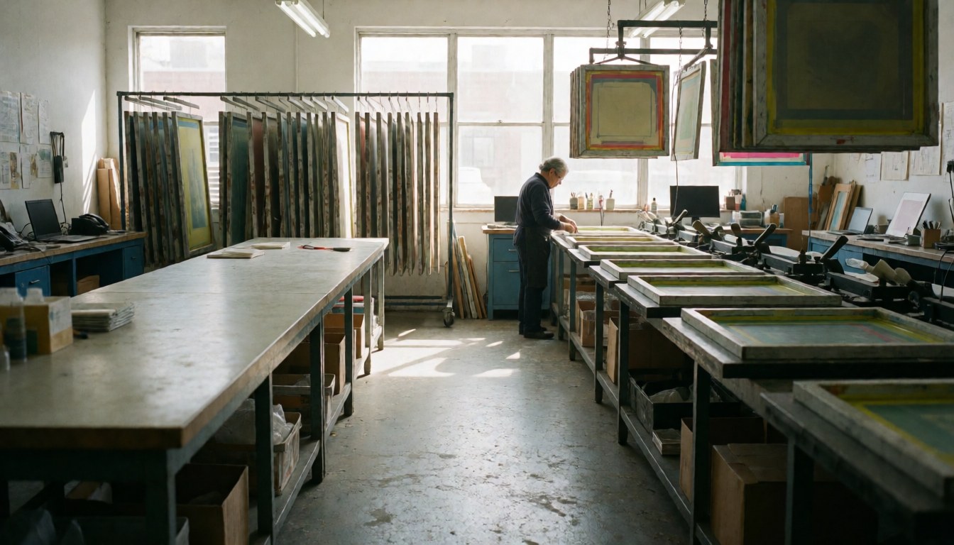 Worker operating screen printing machinery in a workshop with hanging fabric screens and natural light