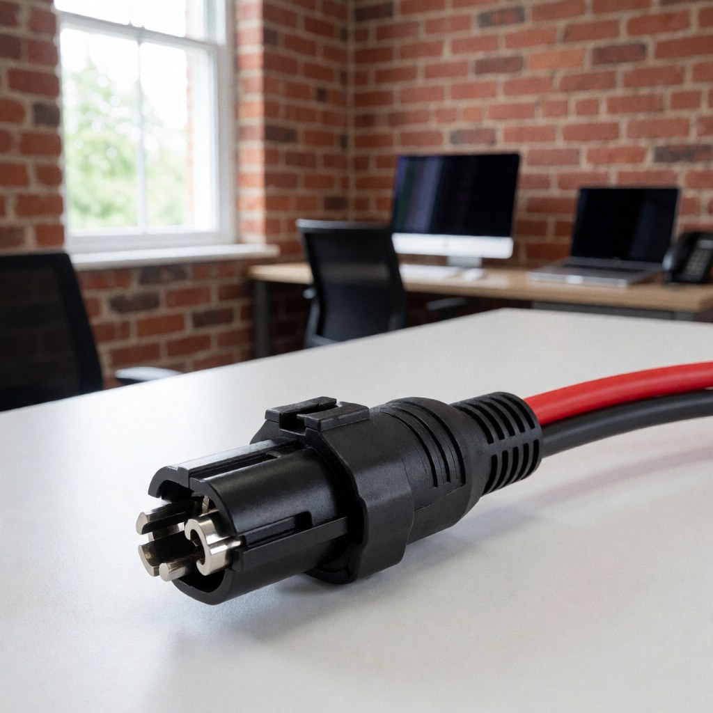 Black MC4 connector with red and black cables on a white surface with a red brick wall and natural light for solar repair