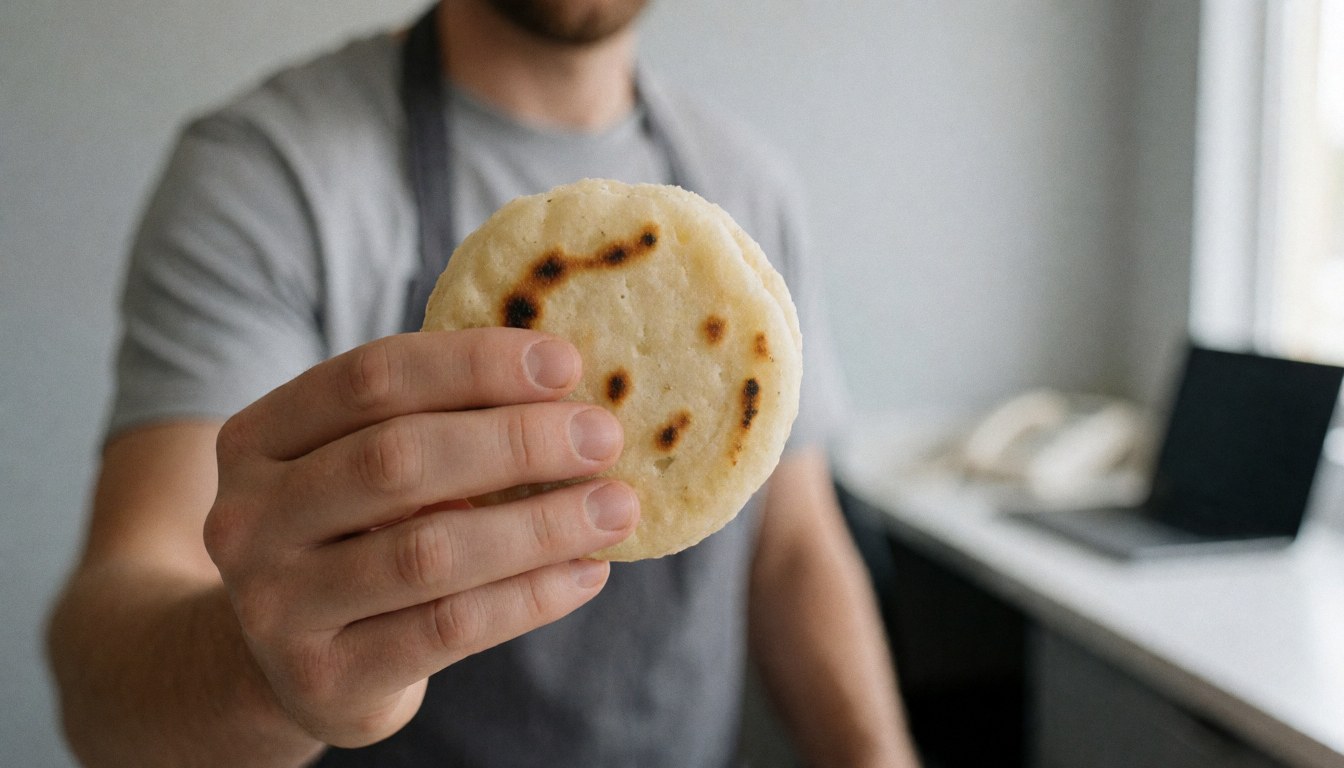 A freshly made hot arepa held in a hand against a modern kitchen background with natural light, suitable for food business use.