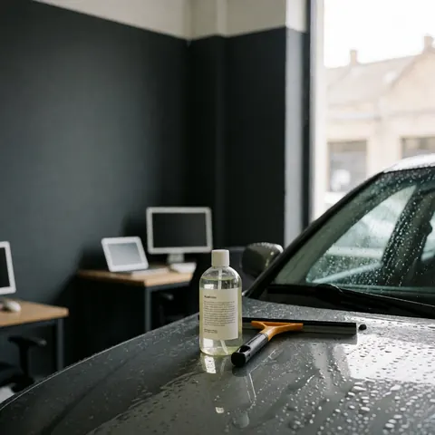 Bottle of rain repellent and squeegee resting on a wet car hood in a workshop with gray walls and natural light.