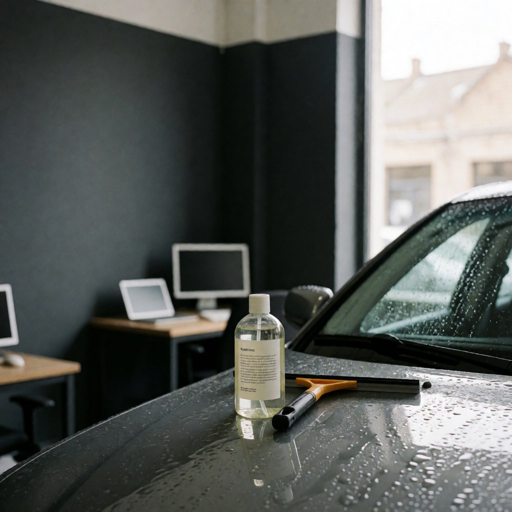 Bottle of rain repellent and squeegee resting on a wet car hood in a workshop with gray walls and natural light.