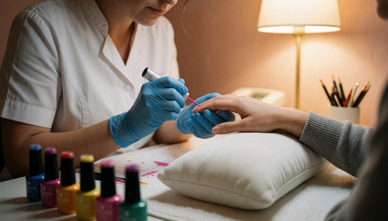 Close-up of a manicurist wearing blue gloves applying gel polish to a client's nails on a white pad with warm lighting and nail products nearby