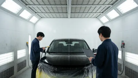 Two professionals paint a black car in an air-conditioned spray booth, one using a tool and the other holding a tablet.