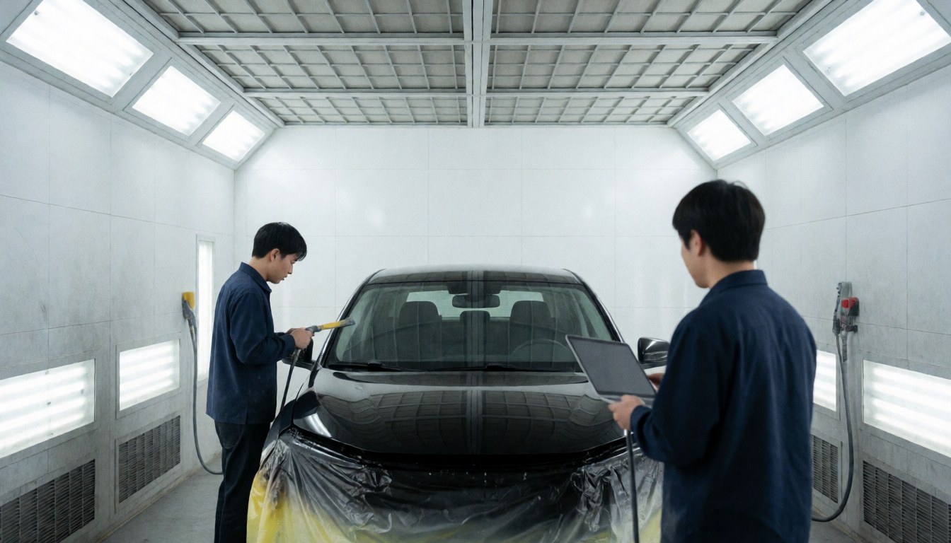 Two professionals paint a black car in an air-conditioned spray booth, one using a tool and the other holding a tablet.