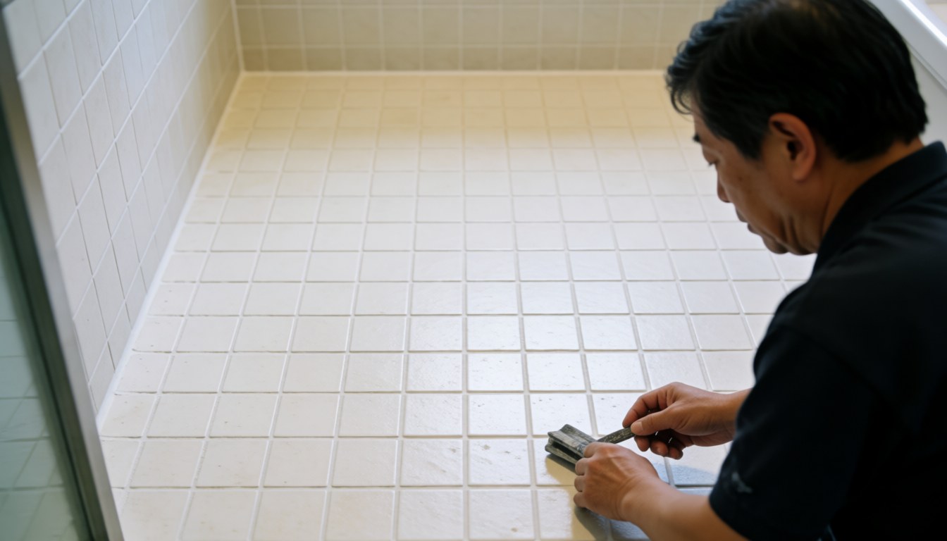 Man repairing grout in bathroom with visible floor and walls, copy space