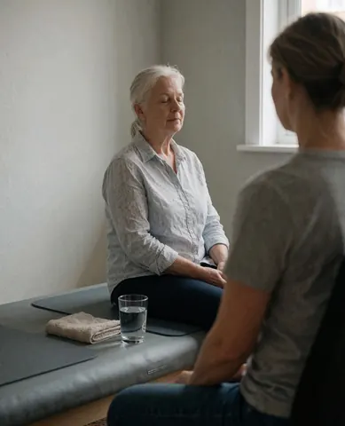 A female client practices yoga on a mat while an instructor guides her, with a water cup and towel nearby in a studio with light gray walls and natural light.