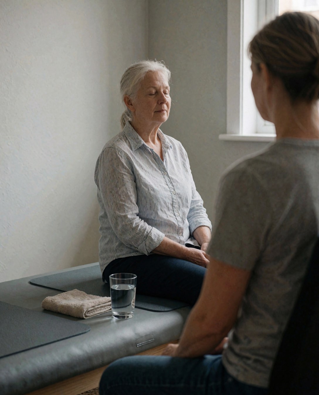 A female client practices yoga on a mat while an instructor guides her, with a water cup and towel nearby in a studio with light gray walls and natural light.