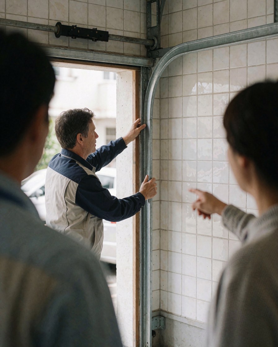 Technician installing a garage door in a home with white tiled walls while a client observes and points at the work.