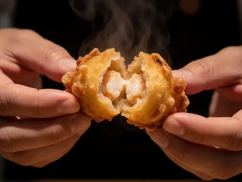 Hands breaking open a hot fried conch shell revealing cooked seafood inside with steam rising, ideal for seafood restaurant marketing