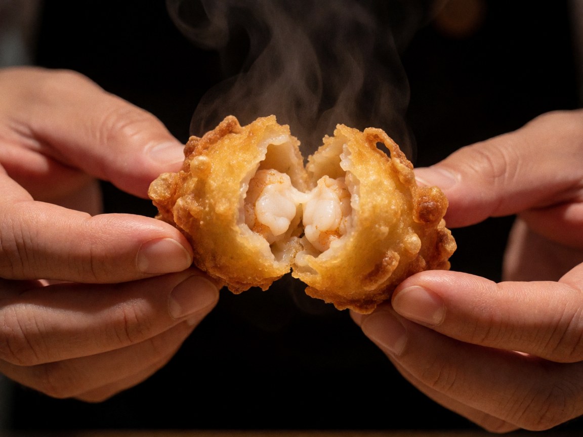 Hands breaking open a hot fried conch shell revealing cooked seafood inside with steam rising, ideal for seafood restaurant marketing
