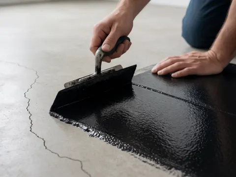 Close-up of a hand using a trowel to apply black sealant into a crack in a concrete surface for roof repair services