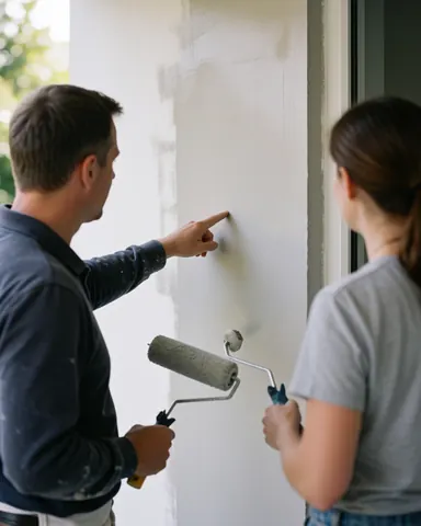 A professional painter and a client examine a newly painted exterior wall after using a roller, illuminated by natural light during an outdoor repair job.