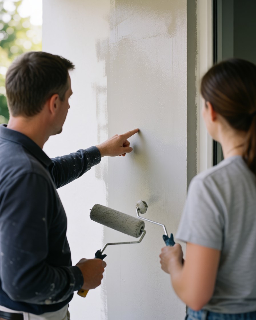 A professional painter and a client examine a newly painted exterior wall after using a roller, illuminated by natural light during an outdoor repair job.