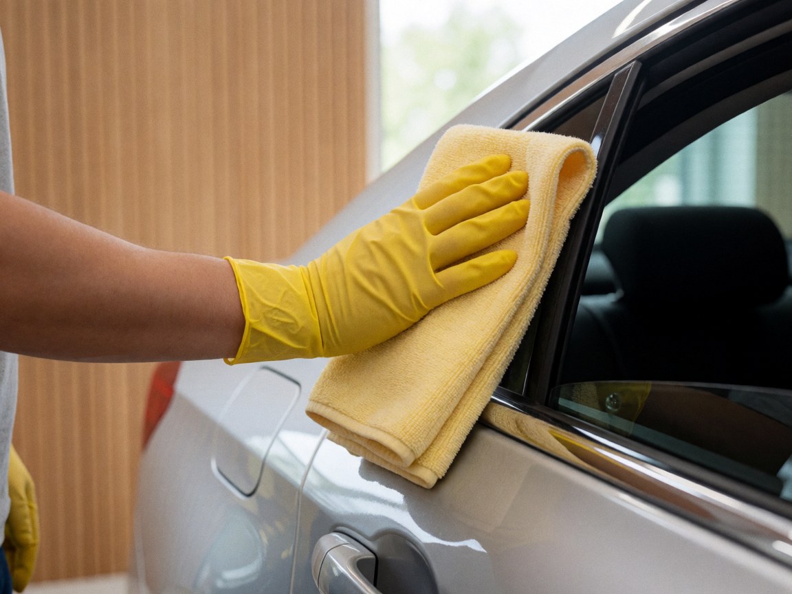 Hand wearing yellow glove drying chrome car door with microfiber towel against light wood wall background
