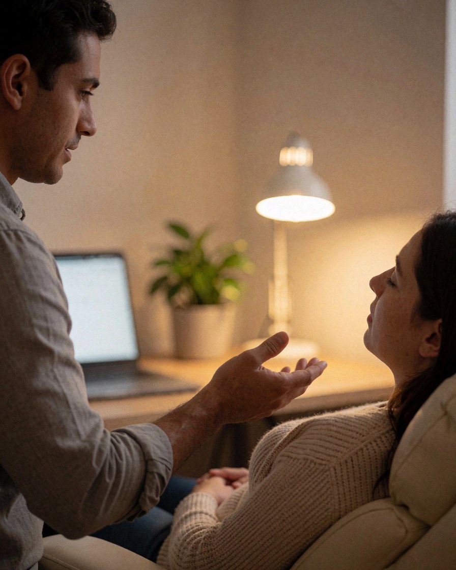 A hypnotherapist makes a calm gesture in front of a relaxed client in a chair within a warm office setting.
