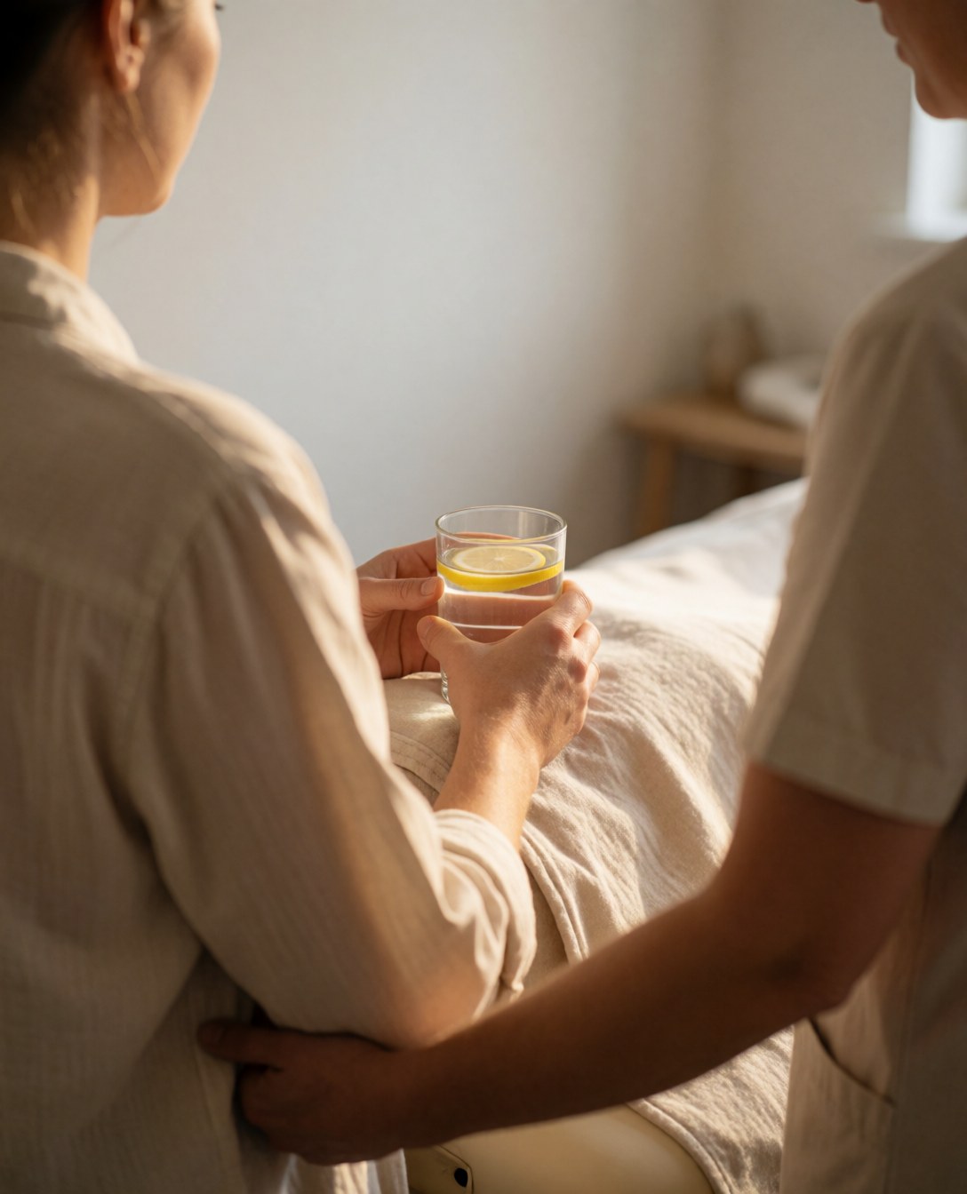 Relaxed client resting on a professional massage table with a glass of water nearby in a clean white room.