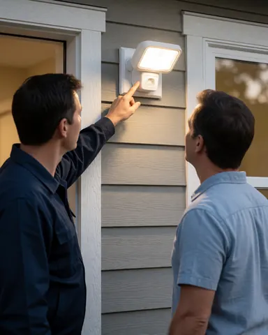 Electrician in uniform holds a light sensor device while explaining its function to a client against a gray house wall during dusk.