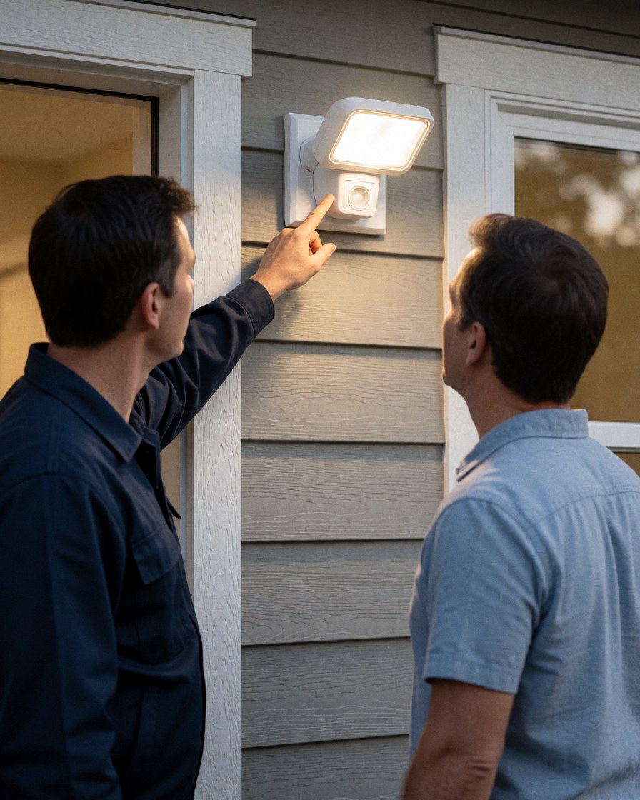 Electrician in uniform holds a light sensor device while explaining its function to a client against a gray house wall during dusk.