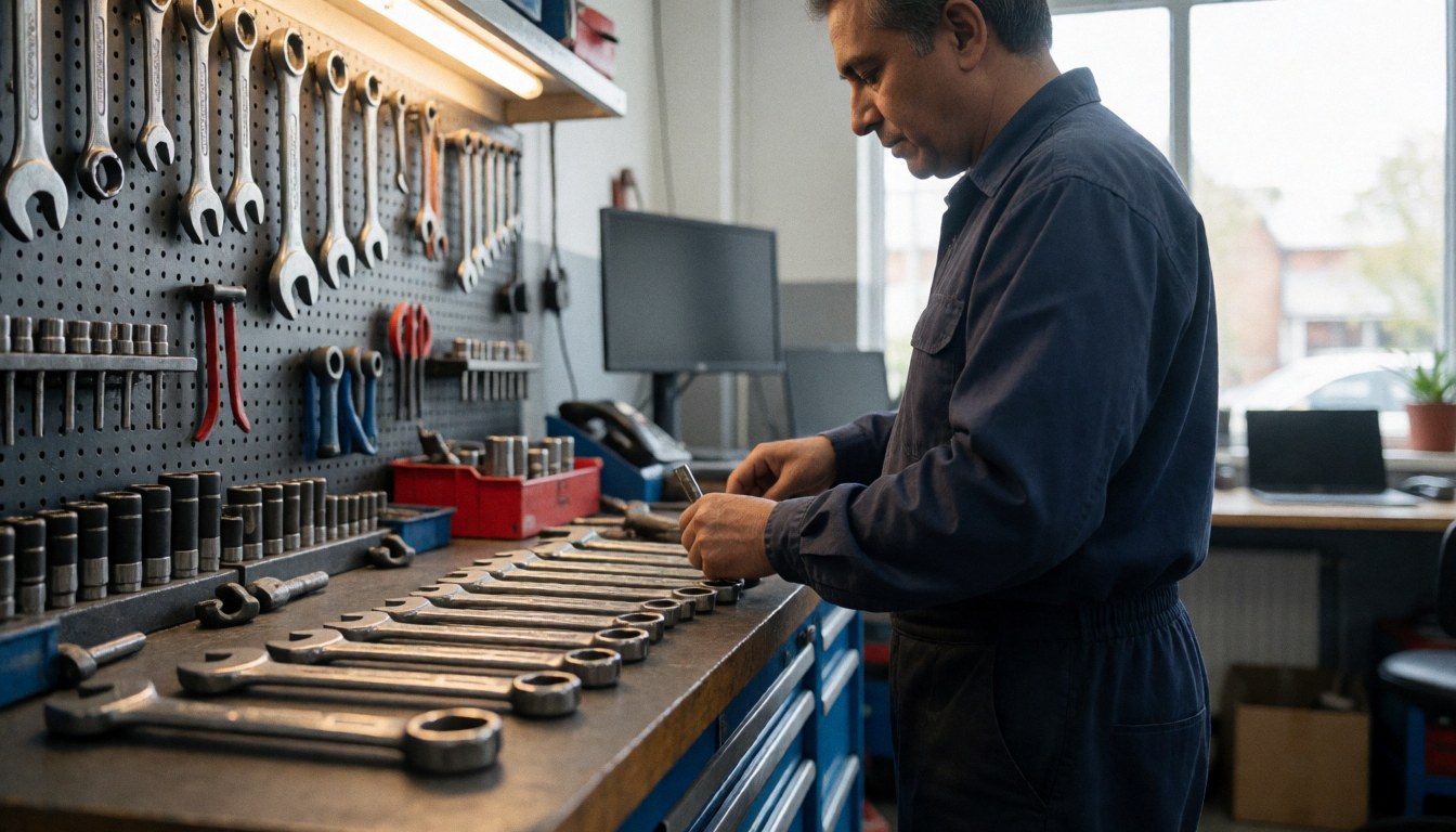 Mechanic organizing wrenches on a tool board in a workshop with work lights, depicting automotive service in action.