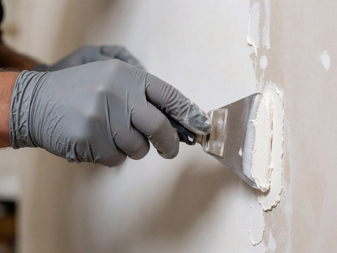 Close-up of a gloved hand using a flexible trowel to apply a white plaster finish on a wall, showing detailed plastering work.