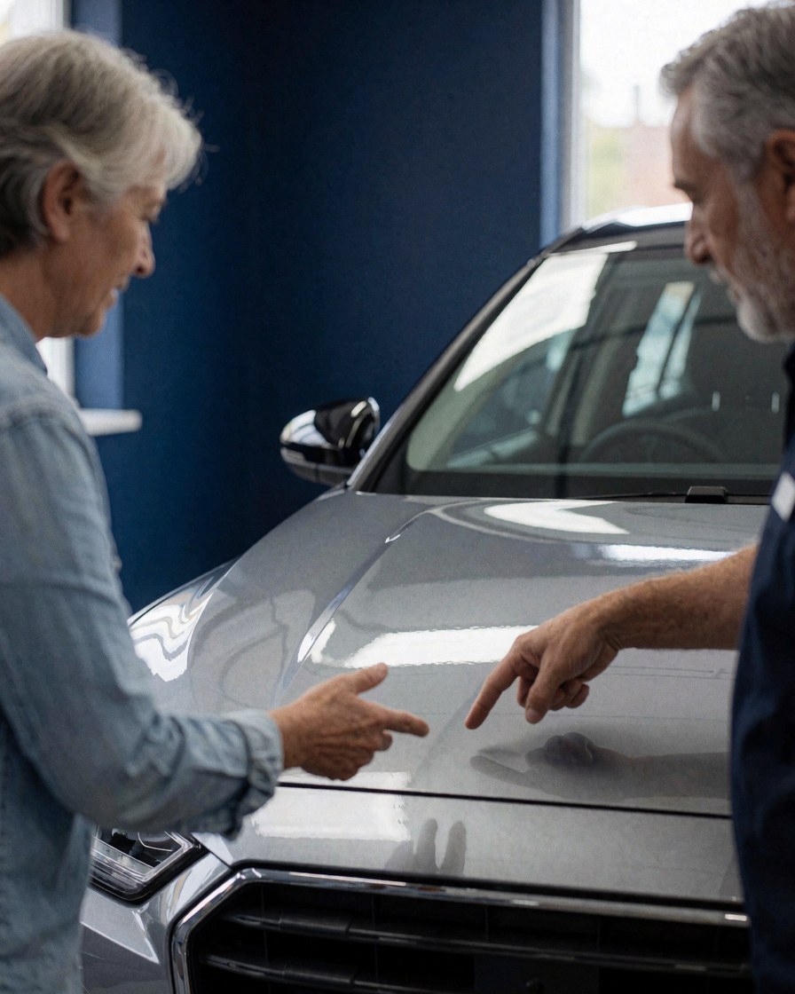 Technician and client reviewing vinyl wrap finish on a car hood in a workshop with navy blue walls and bright reflections