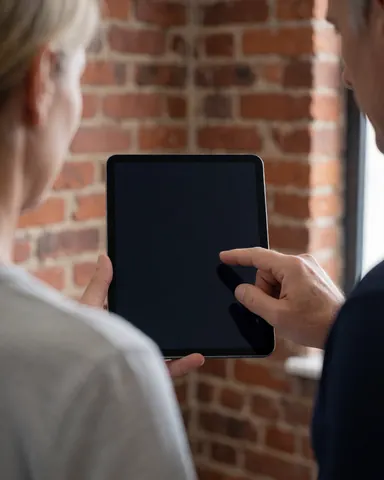 Personal trainer displays a digital workout plan on a tablet to a client in a gym with a brick wall background.