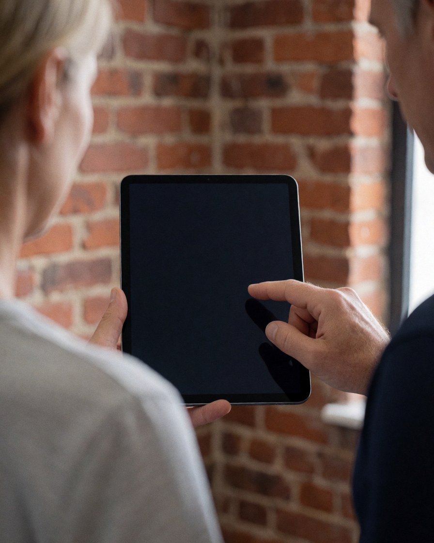 Personal trainer displays a digital workout plan on a tablet to a client in a gym with a brick wall background.