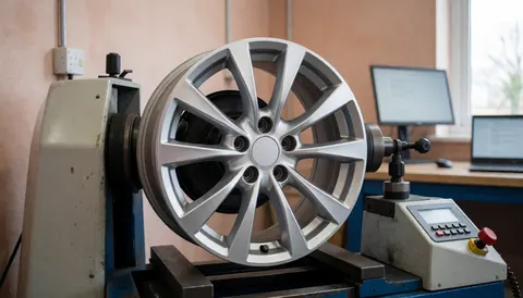 A car wheel mounted on a wheel balancing machine inside a professional auto repair shop with light drywall walls and a computer in the background.