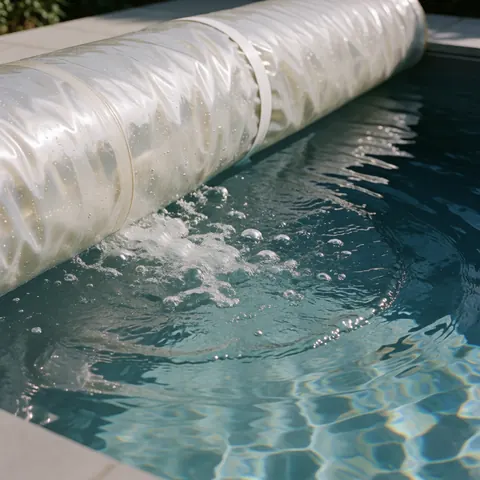 A clear bubble thermal cover partially covering a light blue swimming pool in a sunny garden.