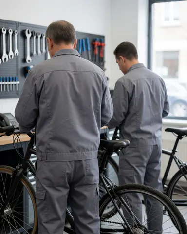 Two mechanics in gray uniforms repair bicycles in a well-lit workshop with tools on the wall.