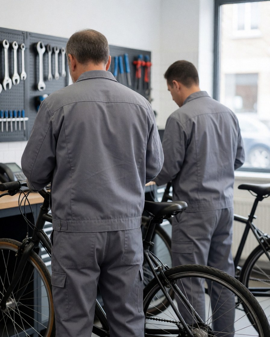 Two mechanics in gray uniforms repair bicycles in a well-lit workshop with tools on the wall.