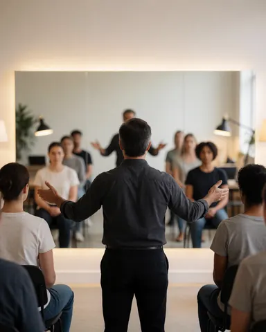 Dance instructor guiding seated students in a professional studio with mirrors and warm lighting