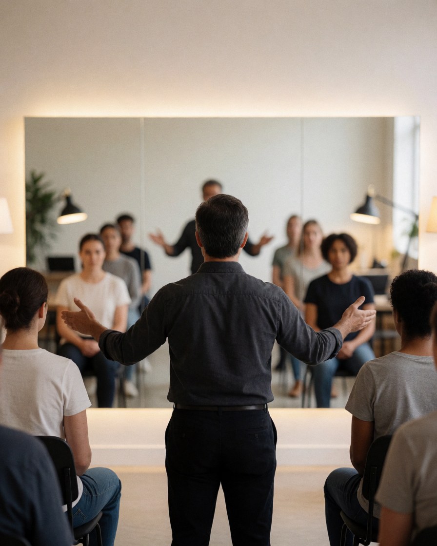 Dance instructor guiding seated students in a professional studio with mirrors and warm lighting