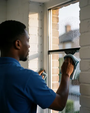 Professional technician cleaning a window with microfiber and squeegee against white brick wall in natural light