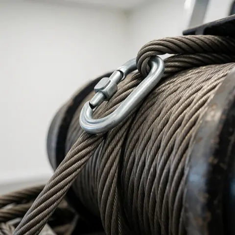 Thick steel cable attached to a metal carabiner, part of tow truck equipment, isolated on a white background for professional towing services