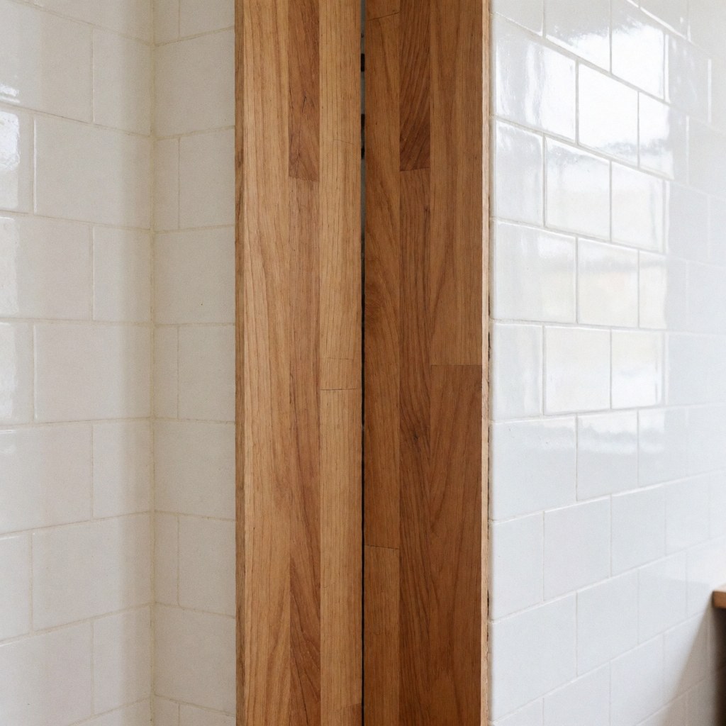 Close-up detail of polished wood flooring with seamless joints set against glossy white ceramic tile walls, highlighting craftsmanship for flooring installation businesses.
