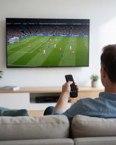 A satisfied client relaxing on a sofa while enjoying a clear, uninterrupted football match on television, demonstrating reliable antenna installation service.