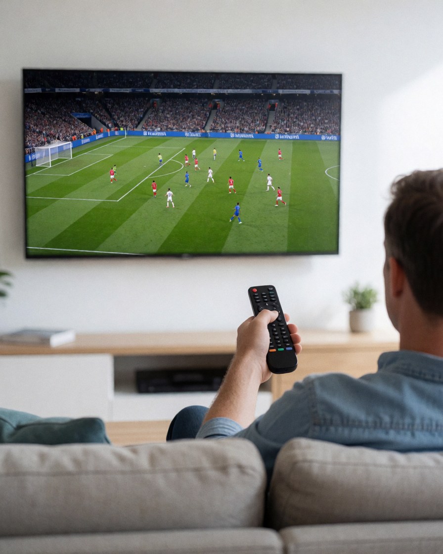 A satisfied client relaxing on a sofa while enjoying a clear, uninterrupted football match on television, demonstrating reliable antenna installation service.