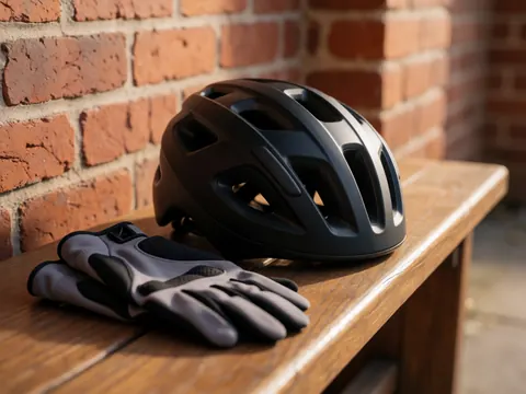 Black bicycle helmet and gray gloves resting on a wooden bench with a brick wall background and sunset lighting, mountain biking gear detail