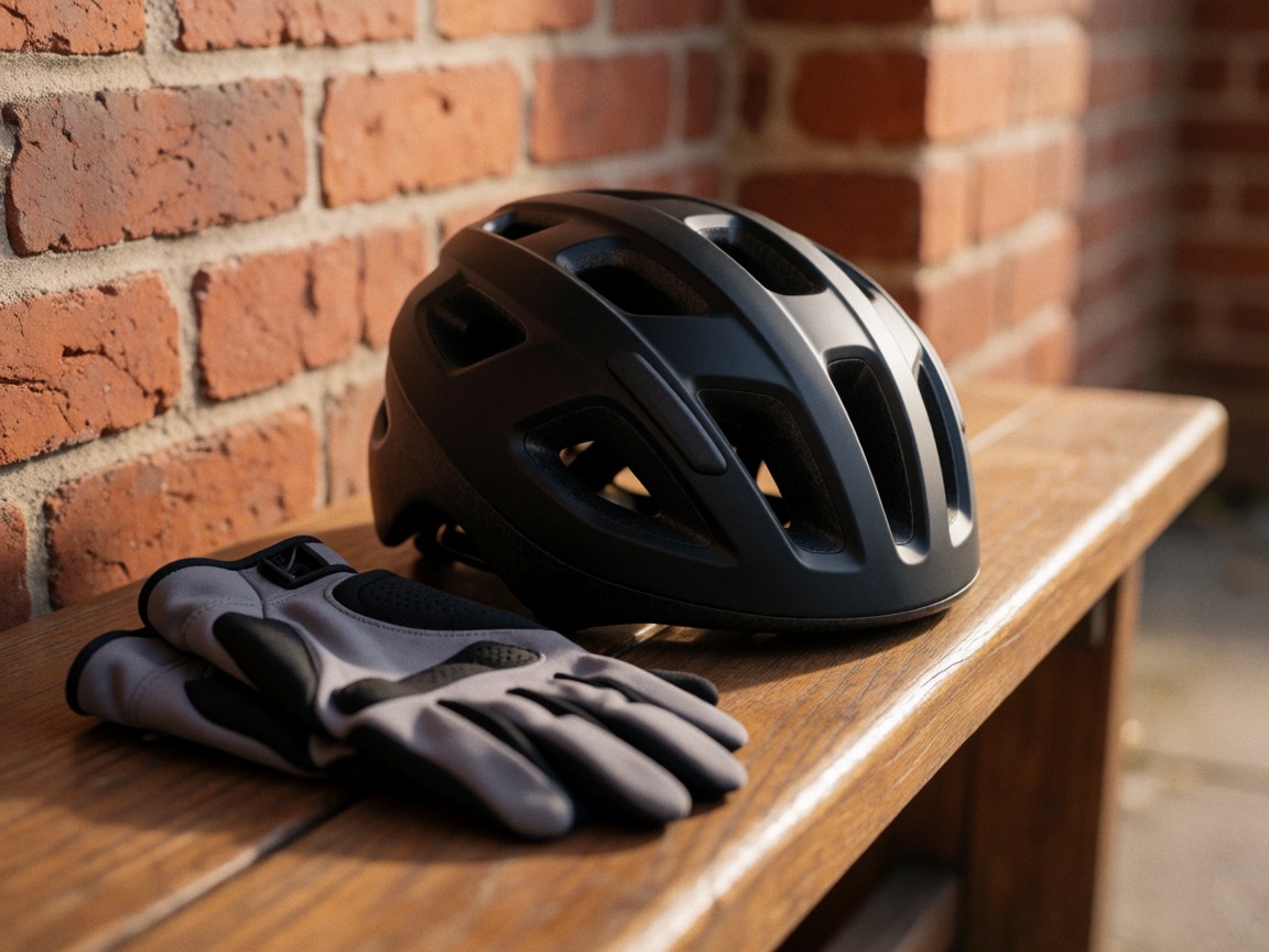 Black bicycle helmet and gray gloves resting on a wooden bench with a brick wall background and sunset lighting, mountain biking gear detail