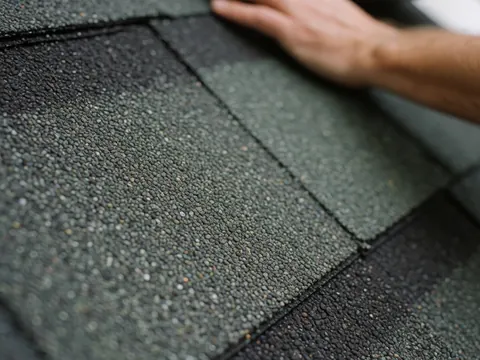 Close-up view of a roof tile with mineral granules being touched by a hand, illustrating roof repair services