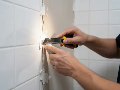 Close-up of a hand using a cutting tool to remove plaster from a wall with white tiles, highlighting wall repair work.