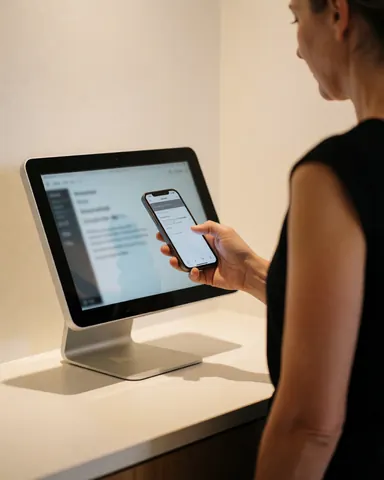 A happy customer using a smartphone at a digital kiosk in a modern CrossFit gym with white walls and table