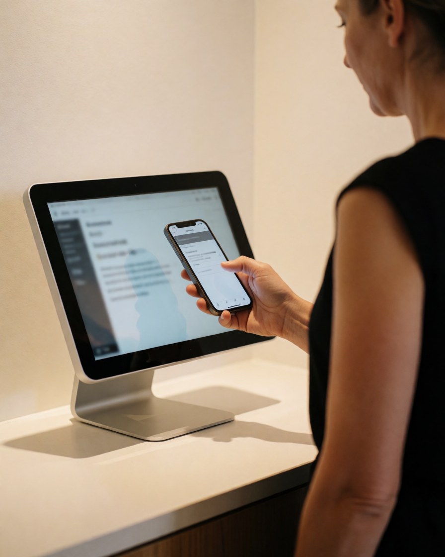 A happy customer using a smartphone at a digital kiosk in a modern CrossFit gym with white walls and table