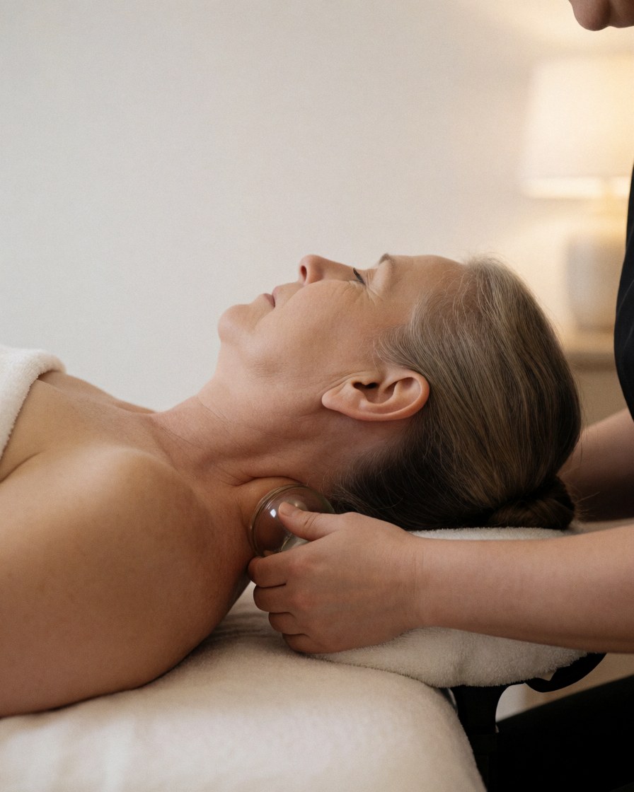 Adult client receiving glass cupping massage on neck in spa with white walls and warm lighting