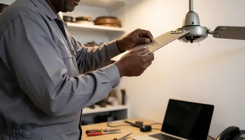 Technician adjusting fan with balance weight in workshop with tools and parts shelves