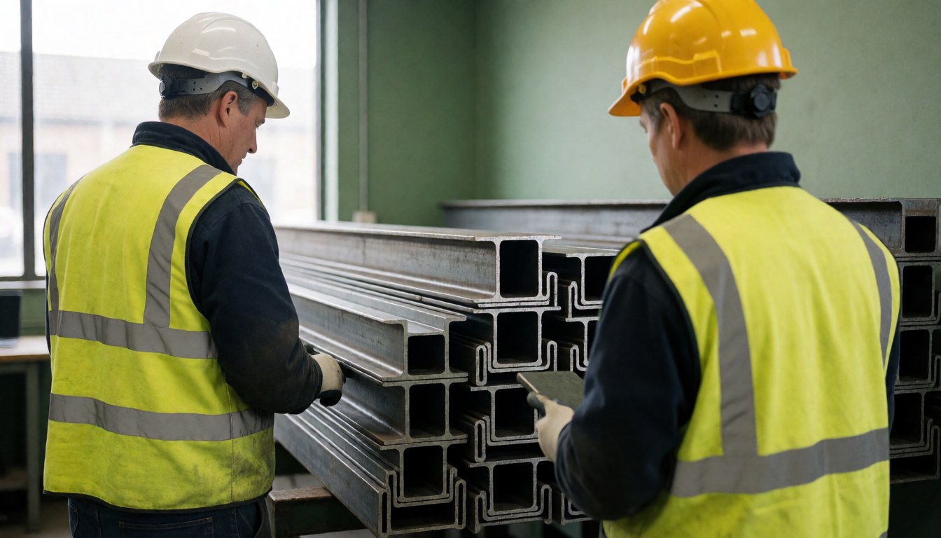Two workers wearing hard hats and safety vests inspect a stack of steel profiles in an industrial workshop with green walls.