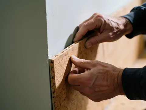 Close-up of hands placing cork flooring tiles into a corner against a painted wall, showing the installation detail and cork texture.