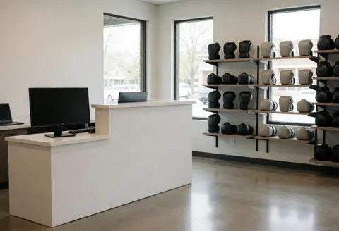 Modern boxing gym reception area featuring boxing gloves displayed on a shelf, showcasing the professional facility and interior design.